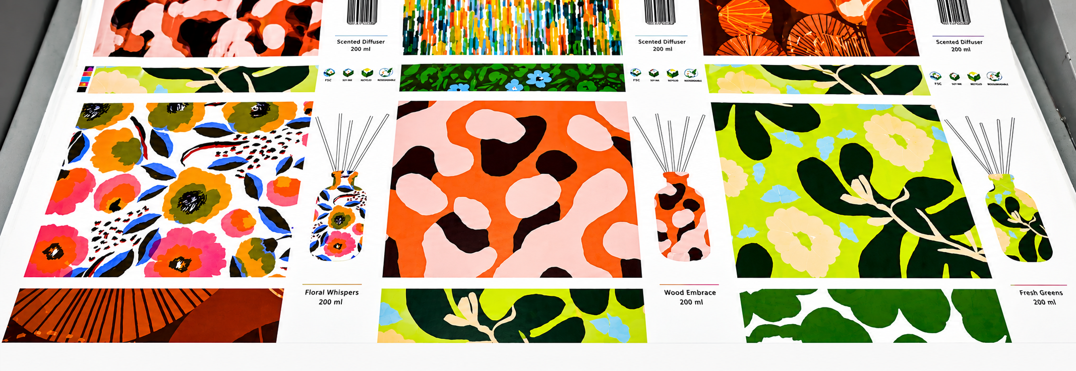 Range of NTI sustainably printed pattern packaging