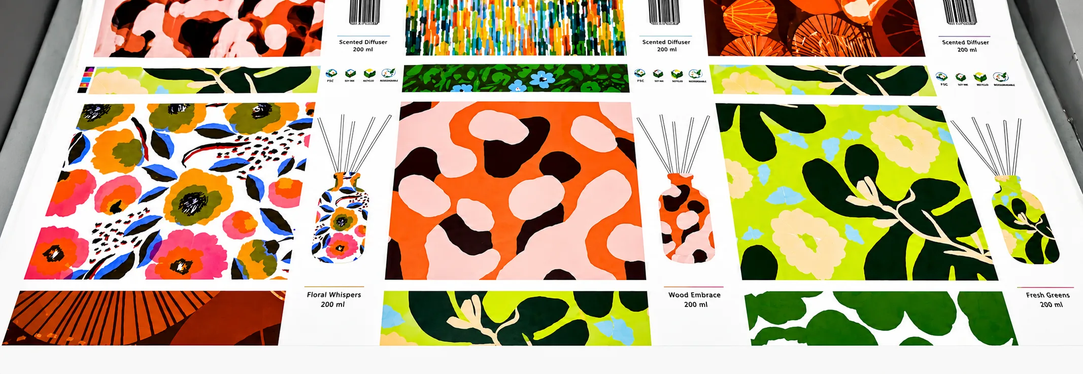 Range of NTI sustainably printed pattern packaging